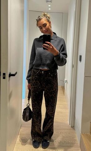 سروال Y2k سروال بطبعة الفهد جينز مستقيم الساق جينز فضفاض سروال كبير الحجم جينز واسع الساق in Kuwait