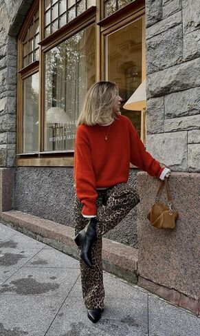 سروال Y2k سروال بطبعة الفهد جينز مستقيم الساق جينز فضفاض سروال كبير الحجم جينز واسع الساق in Kuwait