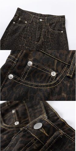 سروال Y2k سروال بطبعة الفهد جينز مستقيم الساق جينز فضفاض سروال كبير الحجم جينز واسع الساق in Kuwait