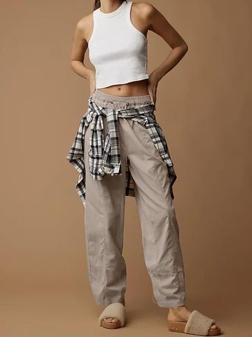 سروال باراشوت نسائي من Simplee سروال كارجو بخصر مطاطي برباط واسع الساق سروال فضفاض Y2k in Kuwait