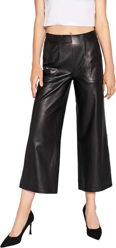 Women's Real Leather Pants High Waist Leather Wide Leg Pants Black SmartUniverseWear in Kuwait
