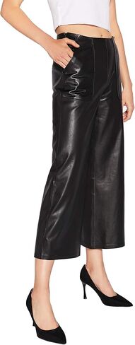 Women's Real Leather Pants High Waist Leather Wide Leg Pants Black SmartUniverseWear in Kuwait
