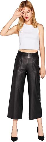 Women's Real Leather Pants High Waist Leather Wide Leg Pants Black SmartUniverseWear in Kuwait