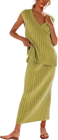 SCUSTY Women's 2 Piece Sweater Skirt Sets Sleeveless V Neck Knit Ribbed Vest Tops Midi Skirt in Saudi Arabia