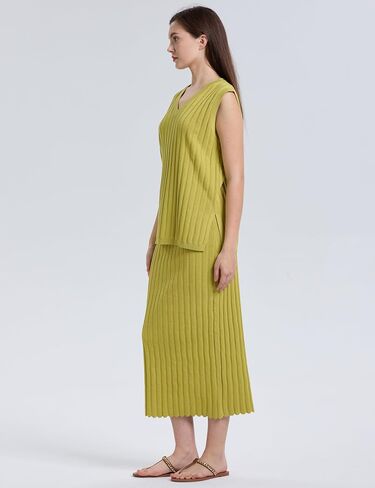SCUSTY Women's 2 Piece Sweater Skirt Sets Sleeveless V Neck Knit Ribbed Vest Tops Midi Skirt in Saudi Arabia
