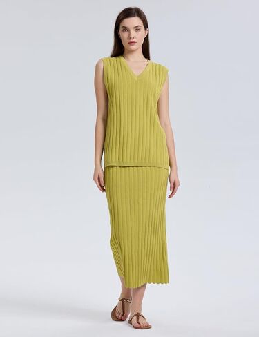 SCUSTY Women's 2 Piece Sweater Skirt Sets Sleeveless V Neck Knit Ribbed Vest Tops Midi Skirt in Saudi Arabia