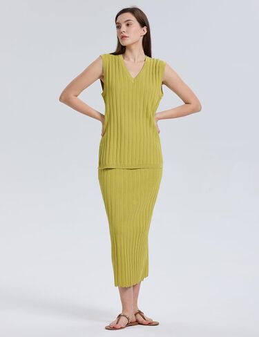 SCUSTY Women's 2 Piece Sweater Skirt Sets Sleeveless V Neck Knit Ribbed Vest Tops Midi Skirt in Saudi Arabia