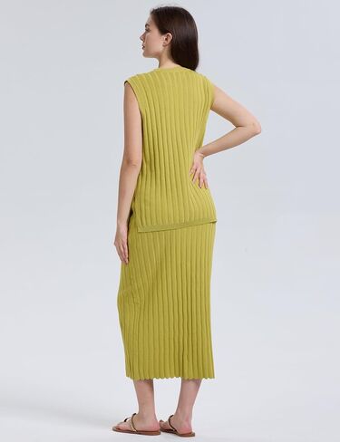 SCUSTY Women's 2 Piece Sweater Skirt Sets Sleeveless V Neck Knit Ribbed Vest Tops Midi Skirt in Saudi Arabia