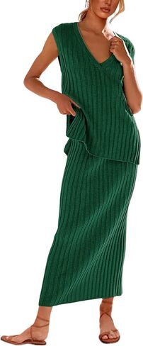 SCUSTY Women's 2 Piece Sweater Skirt Sets Sleeveless V Neck Knit Ribbed Vest Tops Midi Skirt in Saudi Arabia