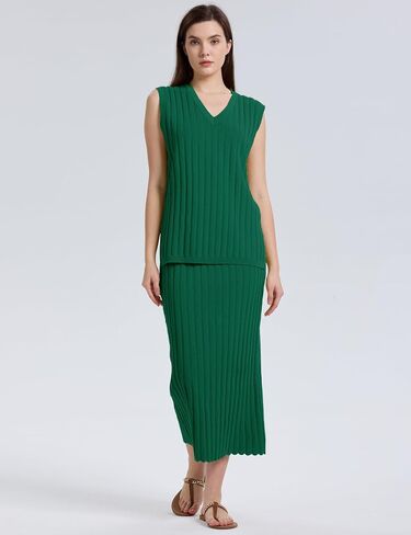 SCUSTY Women's 2 Piece Sweater Skirt Sets Sleeveless V Neck Knit Ribbed Vest Tops Midi Skirt in Saudi Arabia