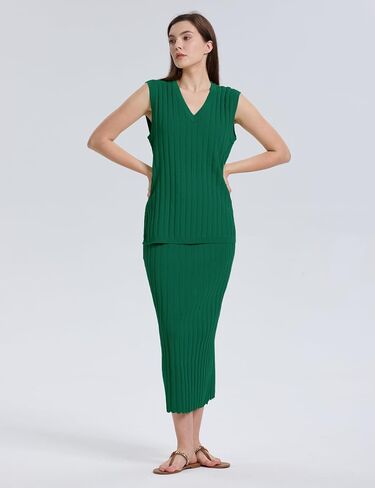 SCUSTY Women's 2 Piece Sweater Skirt Sets Sleeveless V Neck Knit Ribbed Vest Tops Midi Skirt in Saudi Arabia