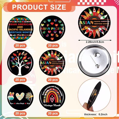 120 Pcs Asian American and Pacific Islander Heritage Month Lapel Pin Metal Round Badges Brooch Jewelry Button Pins Bulk Gifts Party Decorations Accessories for Men Women in Kuwait