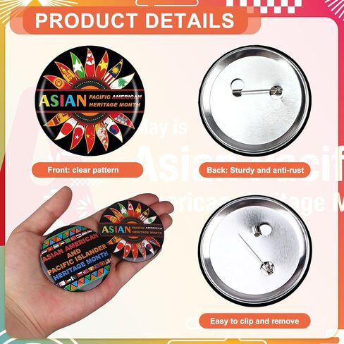 120 Pcs Asian American and Pacific Islander Heritage Month Lapel Pin Metal Round Badges Brooch Jewelry Button Pins Bulk Gifts Party Decorations Accessories for Men Women in Kuwait