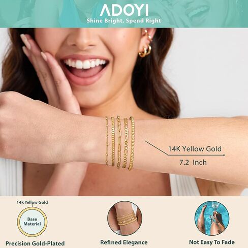 أساور ذهبية للنساء من adoyi، مجموعة أساور مطلية بالذهب عيار 14 قيراط قابلة للتعديل، أساور قابلة للتكديس، سلسلة مشبك ورق، طبقات كوبية مقاومة للماء، مجموعات مجوهرات ذهبية للنساء والفتيات 6.0/6.8/7.2 بوصة in Kuwait