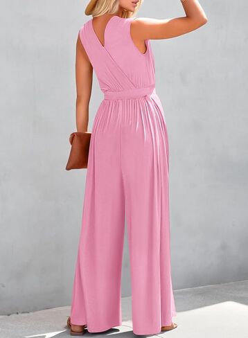 كيروندو حللا للنساء صيفي أنيق قطعة واحدة بدون أكمام ملفوف على شكل حرف V بنطال ذو قصة أرجل واسعة رومبير مع جيوب in Kuwait