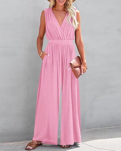 كيروندو حللا للنساء صيفي أنيق قطعة واحدة بدون أكمام ملفوف على شكل حرف V بنطال ذو قصة أرجل واسعة رومبير مع جيوب in Kuwait