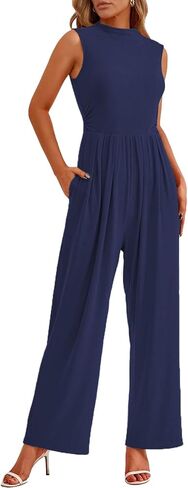 Tanou One Piece Jumpsuits for Women Dressy Casual Outfits Sleeveless Mock Neck Wide Leg Jumpsuits With Pockets in Kuwait