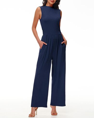 Tanou One Piece Jumpsuits for Women Dressy Casual Outfits Sleeveless Mock Neck Wide Leg Jumpsuits With Pockets in Kuwait