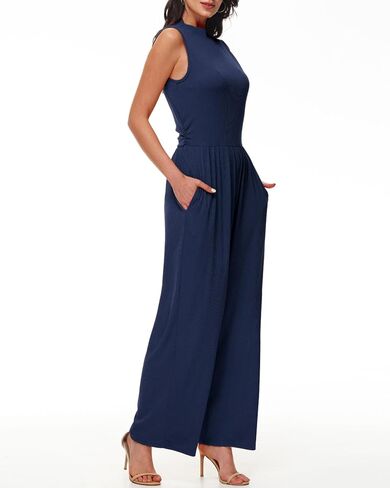 Tanou One Piece Jumpsuits for Women Dressy Casual Outfits Sleeveless Mock Neck Wide Leg Jumpsuits With Pockets in Kuwait