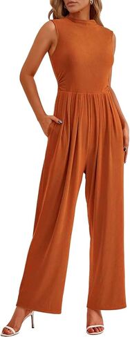 Tanou One Piece Jumpsuits for Women Dressy Casual Outfits Sleeveless Mock Neck Wide Leg Jumpsuits With Pockets in Kuwait