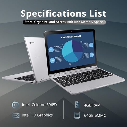 SAMSUNG Plus V2 2-in-1 12.2" Touchscreen Chromebook Laptop, Intel Celeron 3965Y, 4GB RAM, 64GB eMMC, 1M Front Camera, Wi-Fi, Bluetooth, MicroSD Reader, Stylus Pen, Chrome OS, Silver, 128GB USB Card in Saudi Arabia