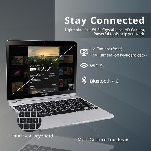 SAMSUNG Plus V2 2-in-1 12.2" Touchscreen Chromebook Laptop, Intel Celeron 3965Y, 4GB RAM, 64GB eMMC, 1M Front Camera, Wi-Fi, Bluetooth, MicroSD Reader, Stylus Pen, Chrome OS, Silver, 128GB USB Card in Saudi Arabia