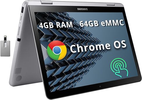 SAMSUNG Plus V2 2-in-1 12.2" Touchscreen Chromebook Laptop, Intel Celeron 3965Y, 4GB RAM, 64GB eMMC, 1M Front Camera, Wi-Fi, Bluetooth, MicroSD Reader, Stylus Pen, Chrome OS, Silver, 128GB USB Card in Saudi Arabia