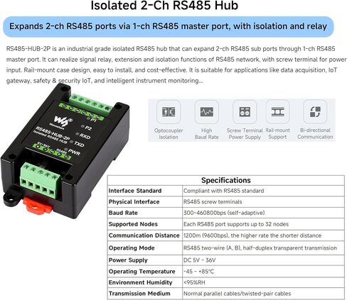 Industrial-Grade Isolated 2-Ch RS485 Hub, Expands 2-CH RS485 Sub Ports Via 1-CH RS485 Master Port, Supports RS485 Network Relay/Extension/Isolation Functions, Wide Baud Rate Range in Saudi Arabia