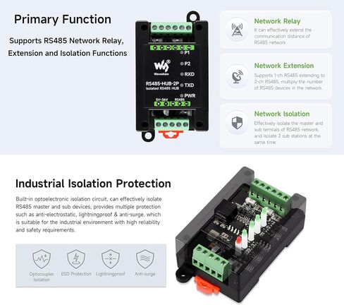 Industrial-Grade Isolated 2-Ch RS485 Hub, Expands 2-CH RS485 Sub Ports Via 1-CH RS485 Master Port, Supports RS485 Network Relay/Extension/Isolation Functions, Wide Baud Rate Range in Saudi Arabia