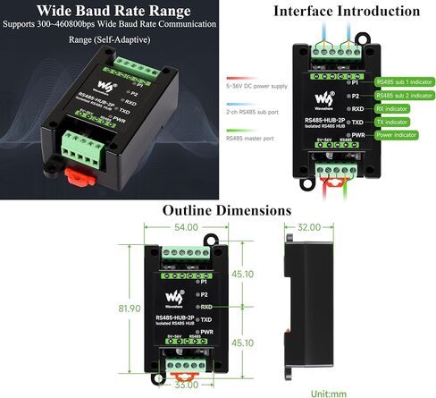 Industrial-Grade Isolated 2-Ch RS485 Hub, Expands 2-CH RS485 Sub Ports Via 1-CH RS485 Master Port, Supports RS485 Network Relay/Extension/Isolation Functions, Wide Baud Rate Range in Saudi Arabia
