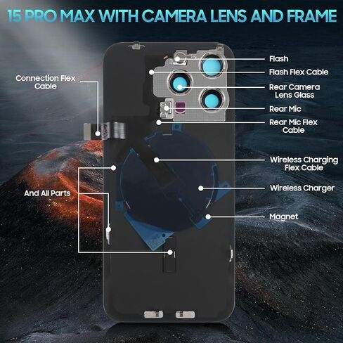 AgCut for iPhone 15 Pro Max Provess Glass Plass for iPhone 15 Pro Max الخلفية الخلفية مع كابل فليكس الشحن اللاسلكي+مصباح يدوي+ميكروفون+إطار الكاميرا جميع الأجزاء (التيتانيوم الأسود) in Saudi Arabia