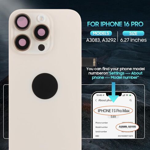 AgCut for iPhone 16 Pro Back Glass Plass for iPhone 16 Pro الخلفية الخلفية مع كابل فليكس الشحن اللاسلكي+مصباح يدوي+ميكروفون+إطار الكاميرا جميع الأجزاء (التيتانيوم الأسود) in Saudi Arabia