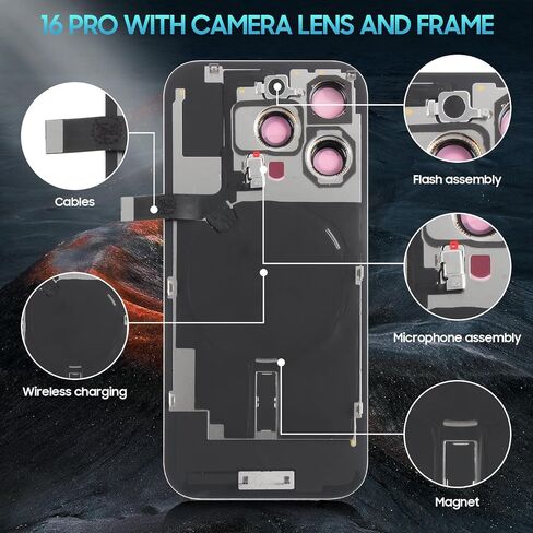AgCut for iPhone 16 Pro Back Glass Plass for iPhone 16 Pro الخلفية الخلفية مع كابل فليكس الشحن اللاسلكي+مصباح يدوي+ميكروفون+إطار الكاميرا جميع الأجزاء (التيتانيوم الأسود) in Saudi Arabia