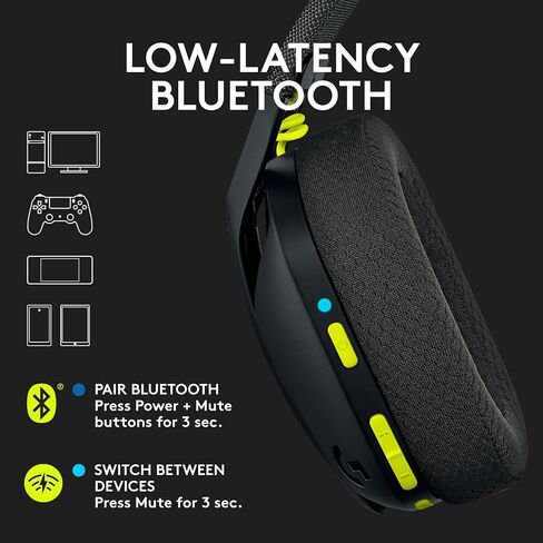 Logitech G435 Lightspeed و Bluetooth Wireless Geadset - سماعات رأس خفيفة الوزن الزائد ، ميكروفونات مدمجة ، بطارية 18 ساعة ، متوافقة مع Dolby Atmos ، PC ، PS4 ، PS5 ، Mobile - Black (متجدد) in Saudi Arabia