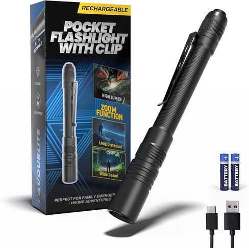Rechargeable Pen Light Flashlight, 800LM Zoomable Pocket Flashlights with Clip Dual Modes LED Pen Flashlight Battery Powered Waterproof Bright Flashlights for Outdoor Home Emergencies (1, Black) in Kuwait