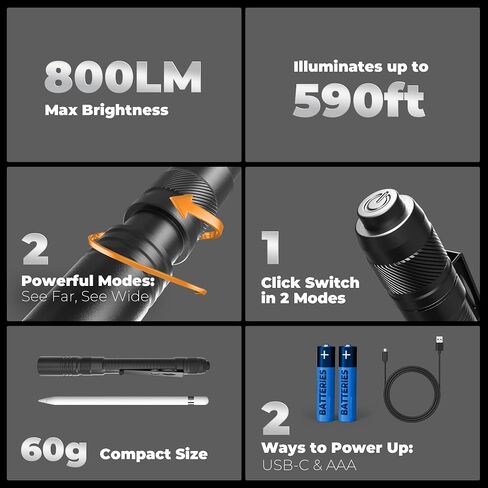 Rechargeable Pen Light Flashlight, 800LM Zoomable Pocket Flashlights with Clip Dual Modes LED Pen Flashlight Battery Powered Waterproof Bright Flashlights for Outdoor Home Emergencies (1, Black) in Kuwait