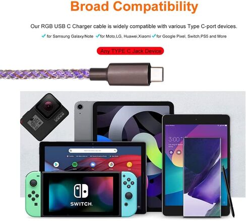 USB Type C Cable, 3.3ft LED RGB Light Gradual USB A to Type C Charger Cord 66W Fast Charging USB C Cable for Galaxy S21 S20 Plus S10E S9 S8 A51 A11 Note 10 9 8 USB C Charger (RGB) in Saudi Arabia