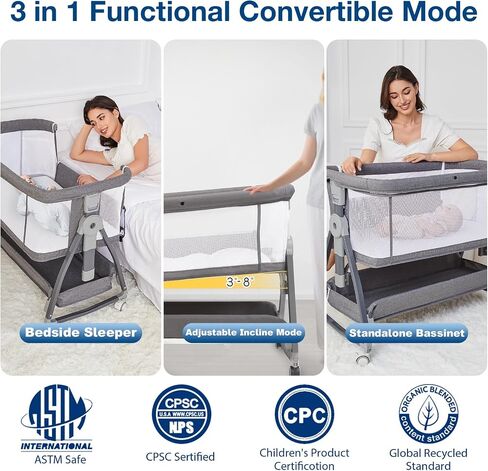 Jixrolyn 3 in 1 Baby Bassinet Bedside Sleeper, Height Adjustable Bedside Bassinet for Newborn and Infant with Mattress, Storage Basket, and Wheels (Grey) in Saudi Arabia