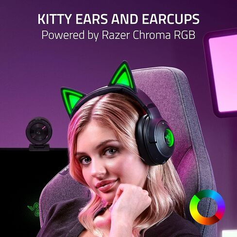 رايزر Kraken Kitty V2 BT Wireless RGB سماعة الرأس: Chroma RGB Kitty Ears & Earcups - Bluetooth 5.2-40 MM برامج تشغيل - ميكروفونات إلغاء الضوضاء - خفيفة الوزن - بطارية 40 ساعة ث/النوع C شحن - أسود (متجدد) in Kuwait