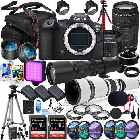 Canon EOS R6 Mark II Mirrorless Camera with 24-50mm & 75-300mm Lens Bundle + 500mm & 650-1300mm Telephoto + Acc Package Including 128GB Memory, Mic, LED Light, Software & More (42 Pieces) (Renewed) in Saudi Arabia