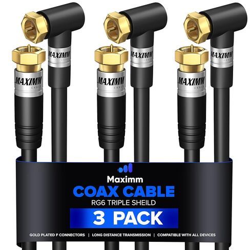 Maximm RG6 COAXIAL Cable with 90-Degree Angled Connector - 20ft Black - Triple Shielded, Non-Oxygen Copper Cable Wire for TV, Internet More - Flexible Coax Cable Cord in Saudi Arabia