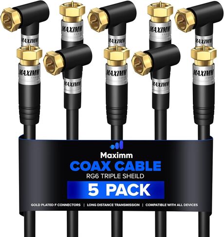 Maximm RG6 COAXIAL Cable with 90-Degree Angled Connector - 20ft Black - Triple Shielded, Non-Oxygen Copper Cable Wire for TV, Internet More - Flexible Coax Cable Cord in Saudi Arabia