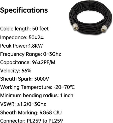 50ft RG58 Coaxial Cable ، PL259 UHF Male to Male 50 Ohm CB Coax Cable لراديو CB ، راديو لحم الخنزير ، الهوائي in Kuwait