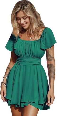 EXLURA Women's 2024 Summer Ruffle Short Sleeve Tie Back Romper Dress Square Neck A Line Cute Dressy Short Jumpsuits in Saudi Arabia