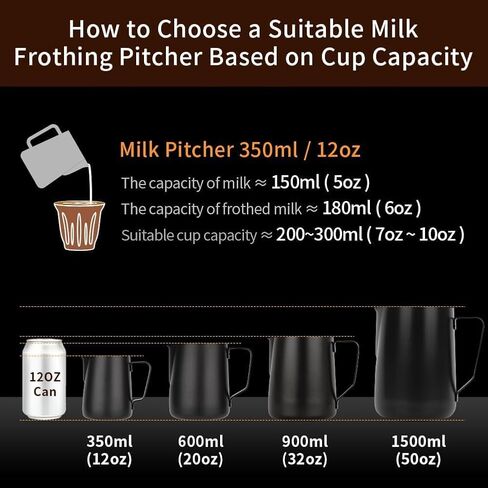 watchget Milk Frothing Pitcher 350ml/600ml/900ml/1500ml (12oz/20oz/32oz/52oz) - Stainless Steel Espresso Steaming Pitcher for Cappuccino, Latte Art, Milk Jug Coffee Frother Cup, Black in Kuwait