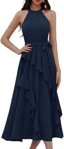 GRACE KARIN Women's 2024 Summer Sleeveless Halter Neck Ruffle Hem Split Flowy Swing Long Midi Dress with Belt in Kuwait