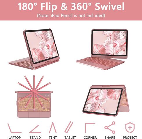 aMZCaSE Touch Keyboard Case for iPad A16 11th/10th Gen, 360° Rotating | Multi-Touch Touchpad, 7-Color Backlit, Pencil Holder, Fits iPad A16 11″ (2025) & 10th Gen 10.9″ (2022), Retro Red in Kuwait