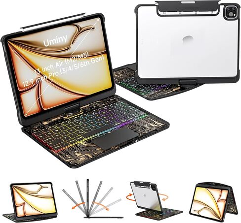 حالة لوحة المفاتيح لـ 12.9 بوصة iPad Pro 6/5/4/3rd Gen & 13 بوصة IPAD AIR (2025 M3 ، 2024 M2) لوحة مفاتيح لاسلكية مع لوحة تتبع 7 ملونة ، غطاء واقي شفاف مع حامل قلم رصاص (أسود) in Kuwait