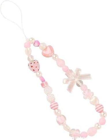 Pink Mobile Phone Lanyard Universal Phones Chain Pink Bow White Pearl Beaded Phone Lanyard Wrist Strap Anti Lost Charm Strap Fashion Phones Case Keychain Wallet Decoration Pendant Women，Strawberry Charm in Saudi Arabia