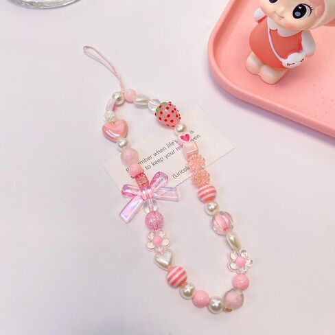 Pink Mobile Phone Lanyard Universal Phones Chain Pink Bow White Pearl Beaded Phone Lanyard Wrist Strap Anti Lost Charm Strap Fashion Phones Case Keychain Wallet Decoration Pendant Women，Strawberry Charm in Saudi Arabia